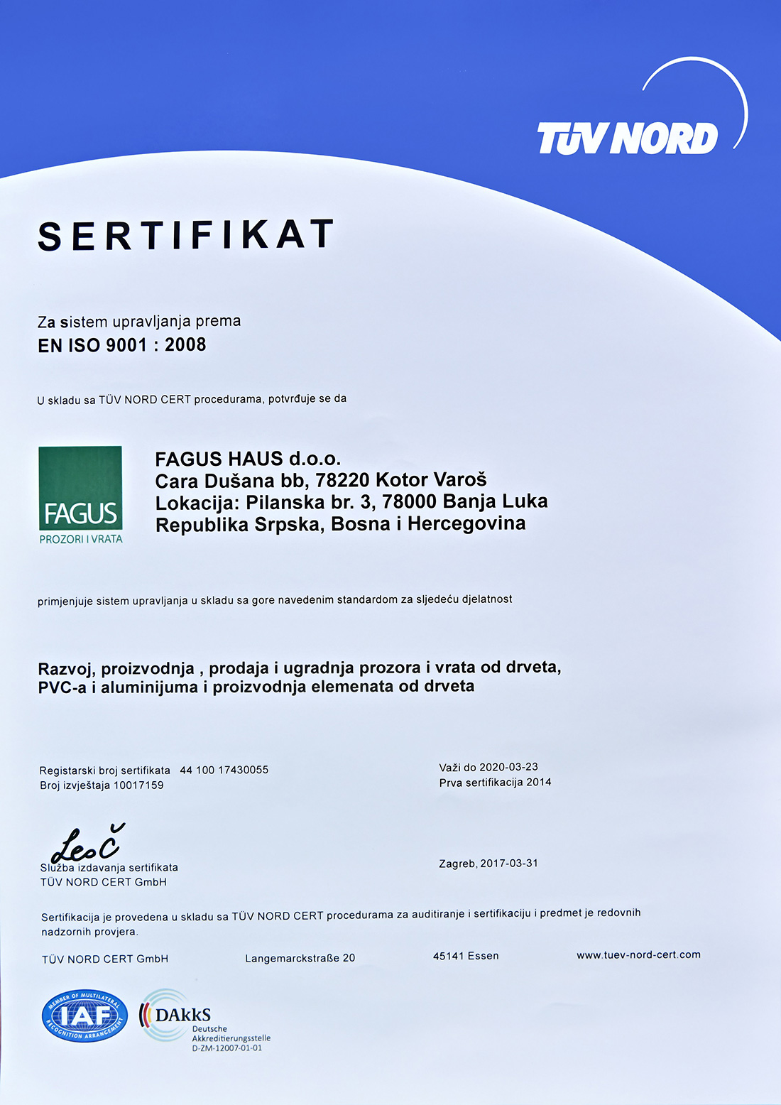 ISO 9001:2008 Fagus Haus d.o.o.