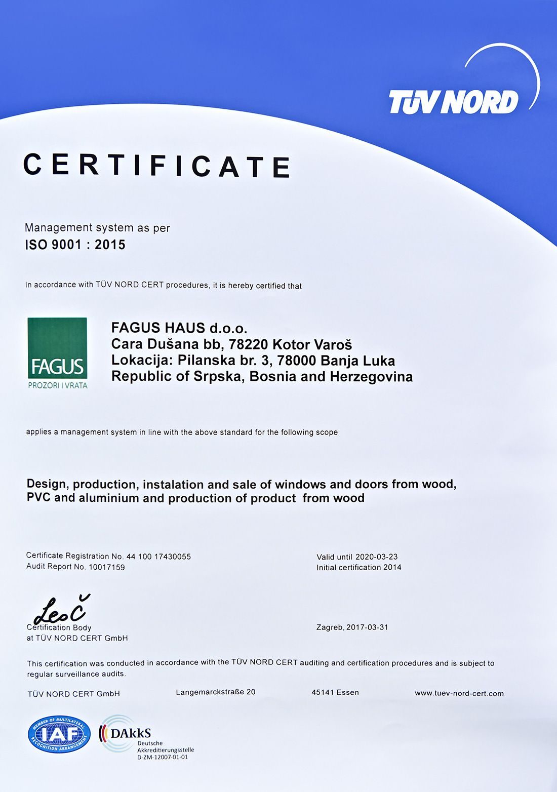 ISO 9001:2015 Fagus Haus d.o.o.
