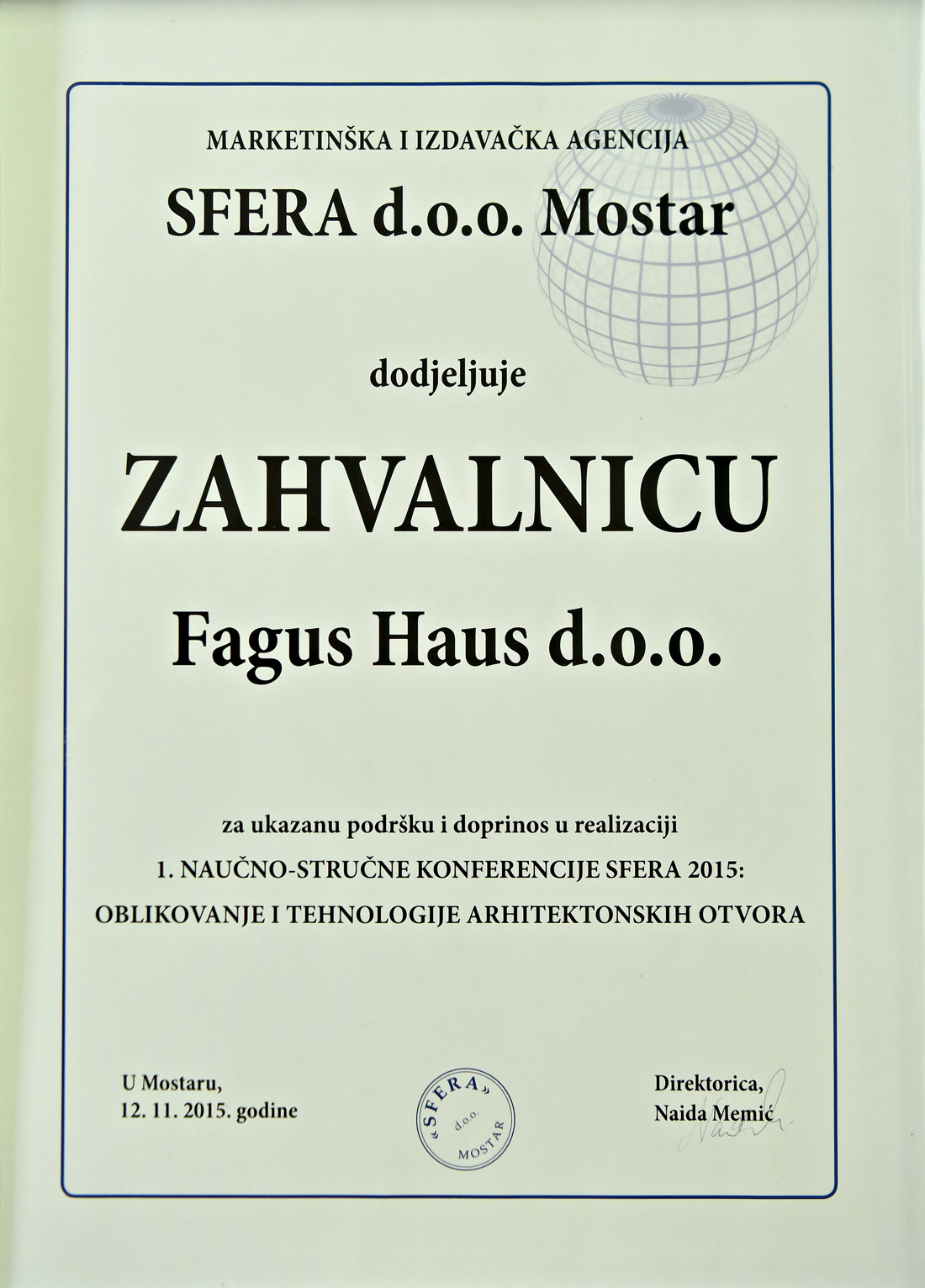 SFERA d.o.o. Mostar - zahvalnica Fagus Haus d.o.o.
